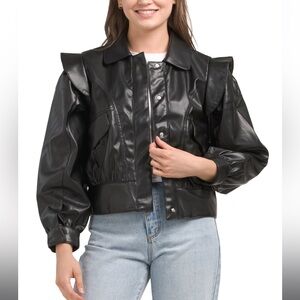 Faux Leather Flutter Sleeve Black Women's Jacket Size M